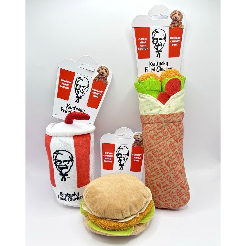KFC Kentucky Fried Chicken Plush Squeaky Dog Toys Lot Of 3 Wrap, Sandwich & Soda